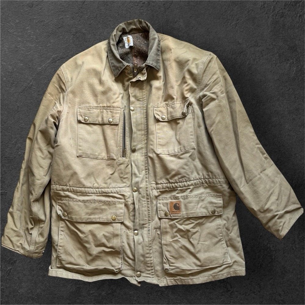 CARHARTT‎ C02 Men's 3XL Beige Duck Blanket Lined Chore Coat DISTRESSED